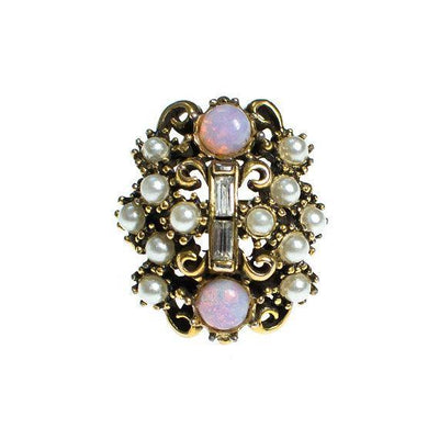 Hollycraft Adjustable Ring, Faux Seed Pearls, Opaline, Rhinestones, Gold Tone by 1950s - Vintage Meet Modern Vintage Jewelry - Chicago, Illinois - #oldhollywoodglamour #vintagemeetmodern #designervintage #jewelrybox #antiquejewelry #vintagejewelry