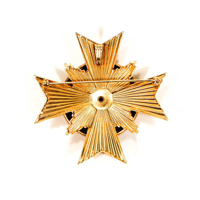 1960s Maltese Cross Pendant, Gold, Yellow, Brown, with Flowers and Rhinestone Center by Florenza - Vintage Meet Modern Vintage Jewelry - Chicago, Illinois - #oldhollywoodglamour #vintagemeetmodern #designervintage #jewelrybox #antiquejewelry #vintagejewelry