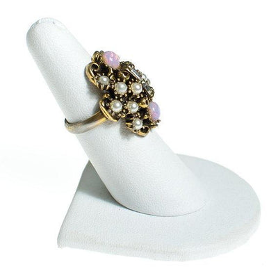 Hollycraft Adjustable Ring, Faux Seed Pearls, Opaline, Rhinestones, Gold Tone by 1950s - Vintage Meet Modern Vintage Jewelry - Chicago, Illinois - #oldhollywoodglamour #vintagemeetmodern #designervintage #jewelrybox #antiquejewelry #vintagejewelry
