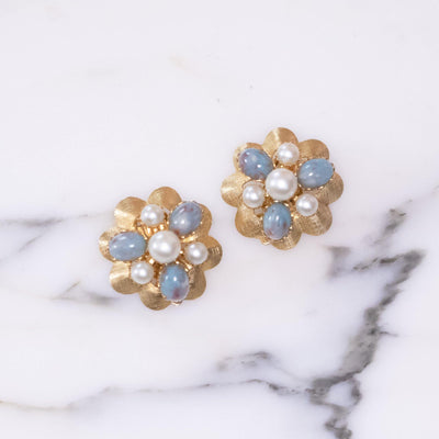 Vintage Speckled Blue and Pearl Gold Crimped Medallion Earrings by Mid Century Modern - Vintage Meet Modern Vintage Jewelry - Chicago, Illinois - #oldhollywoodglamour #vintagemeetmodern #designervintage #jewelrybox #antiquejewelry #vintagejewelry