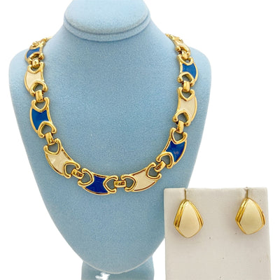 Vintage Monet Gold and Blue Link Necklace & Matching Cream Earrings by Unsigned Beauty - Vintage Meet Modern Vintage Jewelry - Chicago, Illinois - #oldhollywoodglamour #vintagemeetmodern #designervintage #jewelrybox #antiquejewelry #vintagejewelry