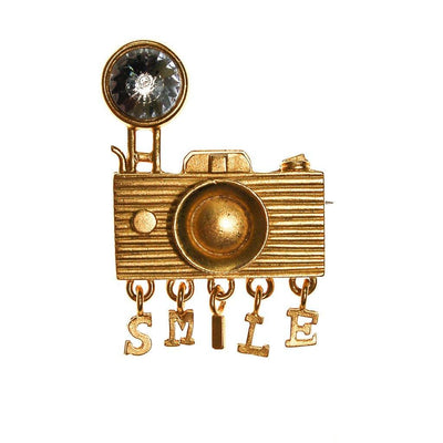 1980s Camera Brooch with Rhinestone by Unsigned Beauty - Vintage Meet Modern Vintage Jewelry - Chicago, Illinois - #oldhollywoodglamour #vintagemeetmodern #designervintage #jewelrybox #antiquejewelry #vintagejewelry