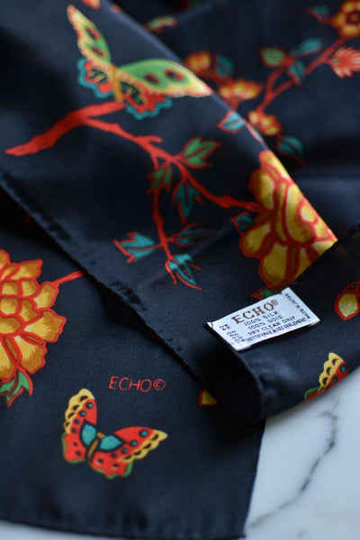 Colorful Silk Scarf with Butterflies and Flowers by Echo by Echo - Vintage Meet Modern Vintage Jewelry - Chicago, Illinois - #oldhollywoodglamour #vintagemeetmodern #designervintage #jewelrybox #antiquejewelry #vintagejewelry