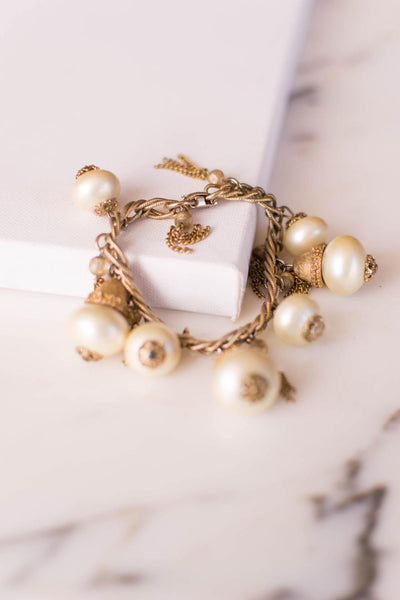 Pearl and Gold Tassel Charm Bracelet by Mid Century Modern - Vintage Meet Modern Vintage Jewelry - Chicago, Illinois - #oldhollywoodglamour #vintagemeetmodern #designervintage #jewelrybox #antiquejewelry #vintagejewelry