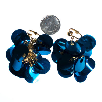 Vintage Teal Blue Sequin Earrings, Dangle, Gold Tone Setting, Clip-on by 1960s - Vintage Meet Modern Vintage Jewelry - Chicago, Illinois - #oldhollywoodglamour #vintagemeetmodern #designervintage #jewelrybox #antiquejewelry #vintagejewelry