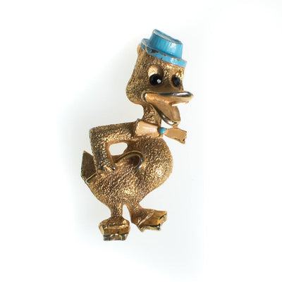 Vintage B.J. Duck Brooch, Gold Tone Setting, Blue Painted Hat, Black Rhinestones, Brooches and Pins by B.J. - Vintage Meet Modern Vintage Jewelry - Chicago, Illinois - #oldhollywoodglamour #vintagemeetmodern #designervintage #jewelrybox #antiquejewelry #vintagejewelry