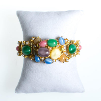 Vintage Colorful Pastel Cabochon Bracelet, Pink, Blue, Green, Yellow, Purple, Faux Pearls, Gold Tone Bracelet, Snap Lock by 1950s - Vintage Meet Modern Vintage Jewelry - Chicago, Illinois - #oldhollywoodglamour #vintagemeetmodern #designervintage #jewelrybox #antiquejewelry #vintagejewelry