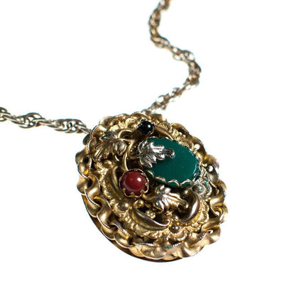 Vintage 1960s Victorian Gothic Inspired Pendant Brooch Necklace Gold with Carnelian and Faux Emerald Jade Cabochons by 1960s - Vintage Meet Modern Vintage Jewelry - Chicago, Illinois - #oldhollywoodglamour #vintagemeetmodern #designervintage #jewelrybox #antiquejewelry #vintagejewelry