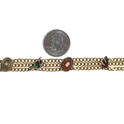 Vintage Goldette Bracelet with Faux Pearls, Red, Green, and Orange Gemstones, Gold Tone Setting, Snap Lock Clasp by Goldette - Vintage Meet Modern Vintage Jewelry - Chicago, Illinois - #oldhollywoodglamour #vintagemeetmodern #designervintage #jewelrybox #antiquejewelry #vintagejewelry