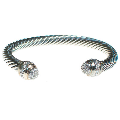 Vintage Silver Cable Open Cuff Bracelet with Pave Crystal Tips by 1990s - Vintage Meet Modern Vintage Jewelry - Chicago, Illinois - #oldhollywoodglamour #vintagemeetmodern #designervintage #jewelrybox #antiquejewelry #vintagejewelry