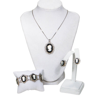 1950's Silver Tone Cameo Necklace,Bracelet, and Earrings Set by 1950's - Vintage Meet Modern Vintage Jewelry - Chicago, Illinois - #oldhollywoodglamour #vintagemeetmodern #designervintage #jewelrybox #antiquejewelry #vintagejewelry