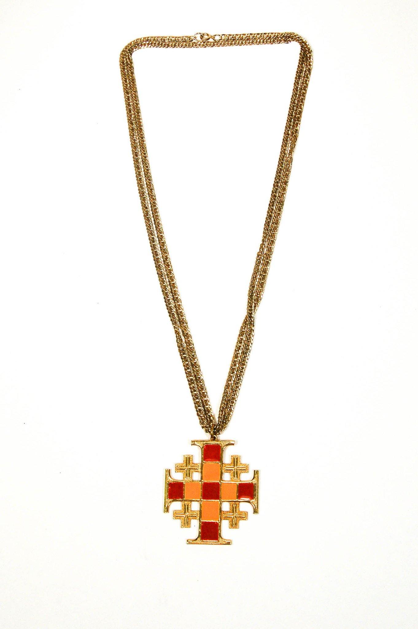 1960s Art Mode Mod Maltese Cross Statement Necklace in Gold, Red, and Orange by Art Mode - Vintage Meet Modern Vintage Jewelry - Chicago, Illinois - #oldhollywoodglamour #vintagemeetmodern #designervintage #jewelrybox #antiquejewelry #vintagejewelry