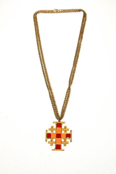 1960s Art Mode Mod Maltese Cross Statement Necklace in Gold, Red, and Orange by Art Mode - Vintage Meet Modern Vintage Jewelry - Chicago, Illinois - #oldhollywoodglamour #vintagemeetmodern #designervintage #jewelrybox #antiquejewelry #vintagejewelry