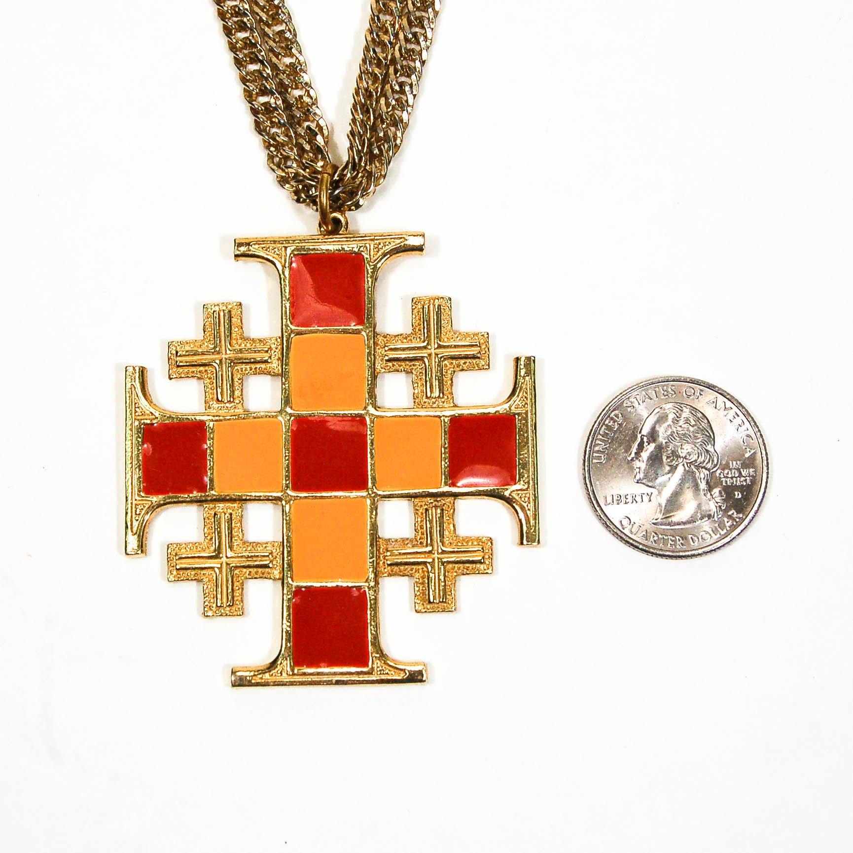 1960s Art Mode Mod Maltese Cross Statement Necklace in Gold, Red, and Orange by Art Mode - Vintage Meet Modern Vintage Jewelry - Chicago, Illinois - #oldhollywoodglamour #vintagemeetmodern #designervintage #jewelrybox #antiquejewelry #vintagejewelry
