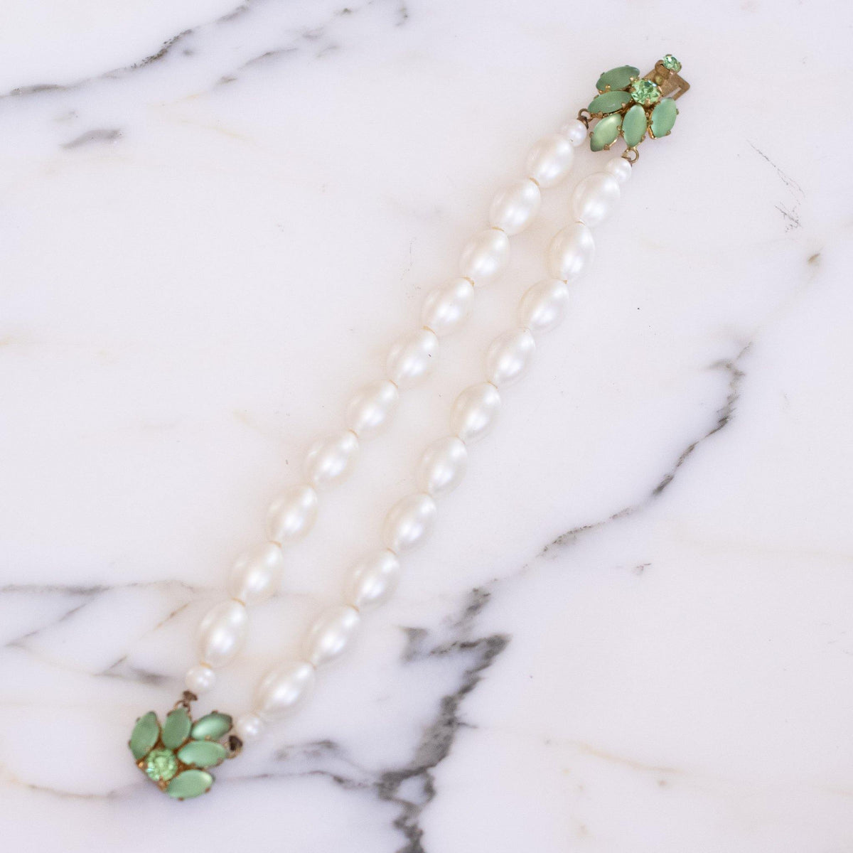 Vintage Double Strand Faux Pearl Bracelet with Green Rhinestone Clasp