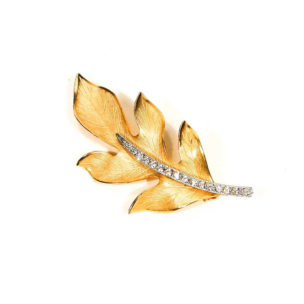 Gold Leaf Brooch with Rhinestones
