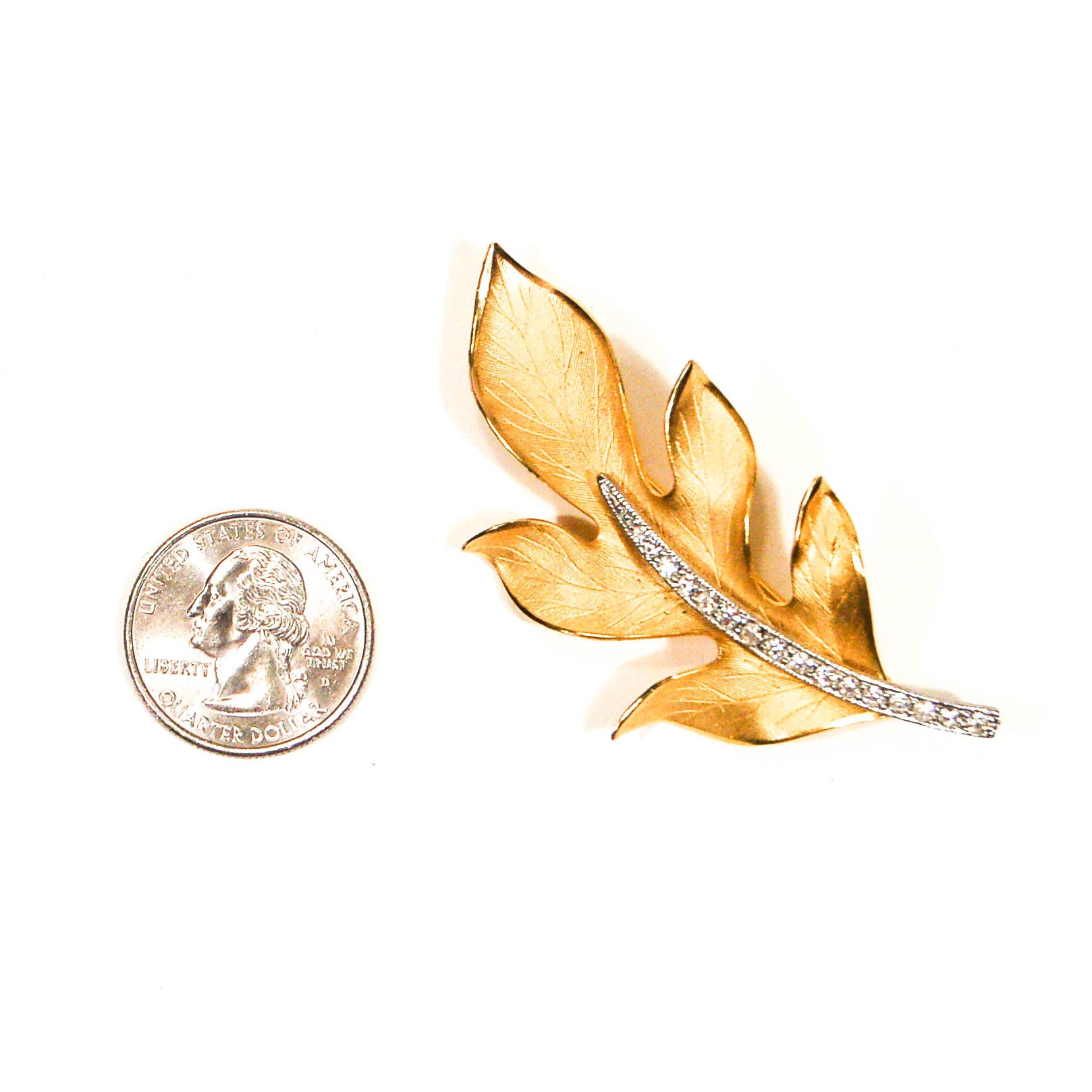 Gold Leaf Brooch with Rhinestones by 1960s Vintage - Vintage Meet Modern Vintage Jewelry - Chicago, Illinois - #oldhollywoodglamour #vintagemeetmodern #designervintage #jewelrybox #antiquejewelry #vintagejewelry