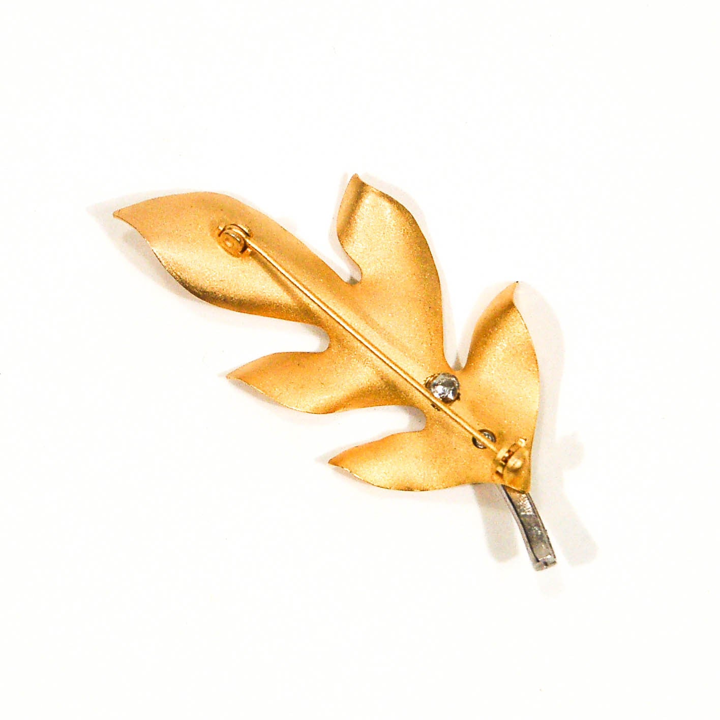 Gold Leaf Brooch with Rhinestones by 1960s Vintage - Vintage Meet Modern Vintage Jewelry - Chicago, Illinois - #oldhollywoodglamour #vintagemeetmodern #designervintage #jewelrybox #antiquejewelry #vintagejewelry