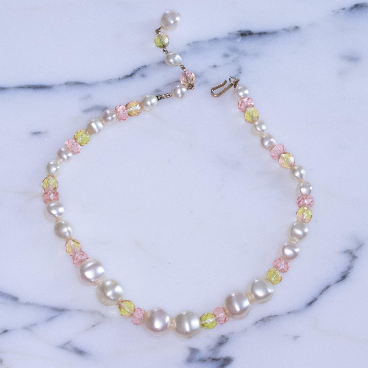 Vintage Faux Pearl and Pink Crystal Bead Necklace