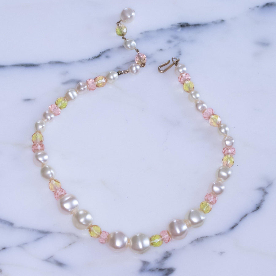 Vintage Faux Pearl and Pink Crystal Bead Necklace by Unsigned Beauty - Vintage Meet Modern Vintage Jewelry - Chicago, Illinois - #oldhollywoodglamour #vintagemeetmodern #designervintage #jewelrybox #antiquejewelry #vintagejewelry