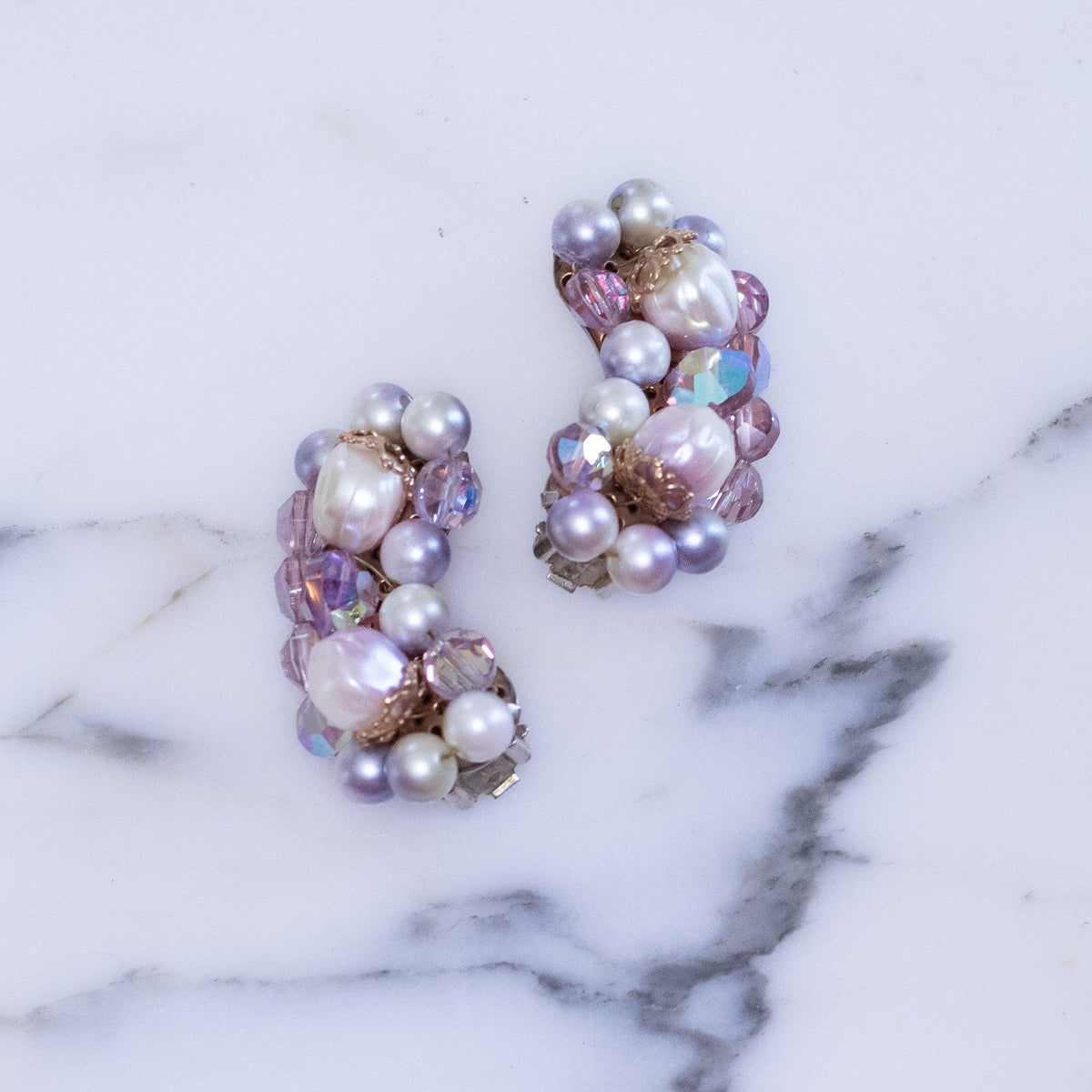 Vintage Lavender and Faux Pearl Ear Crawler Statement Earrings
