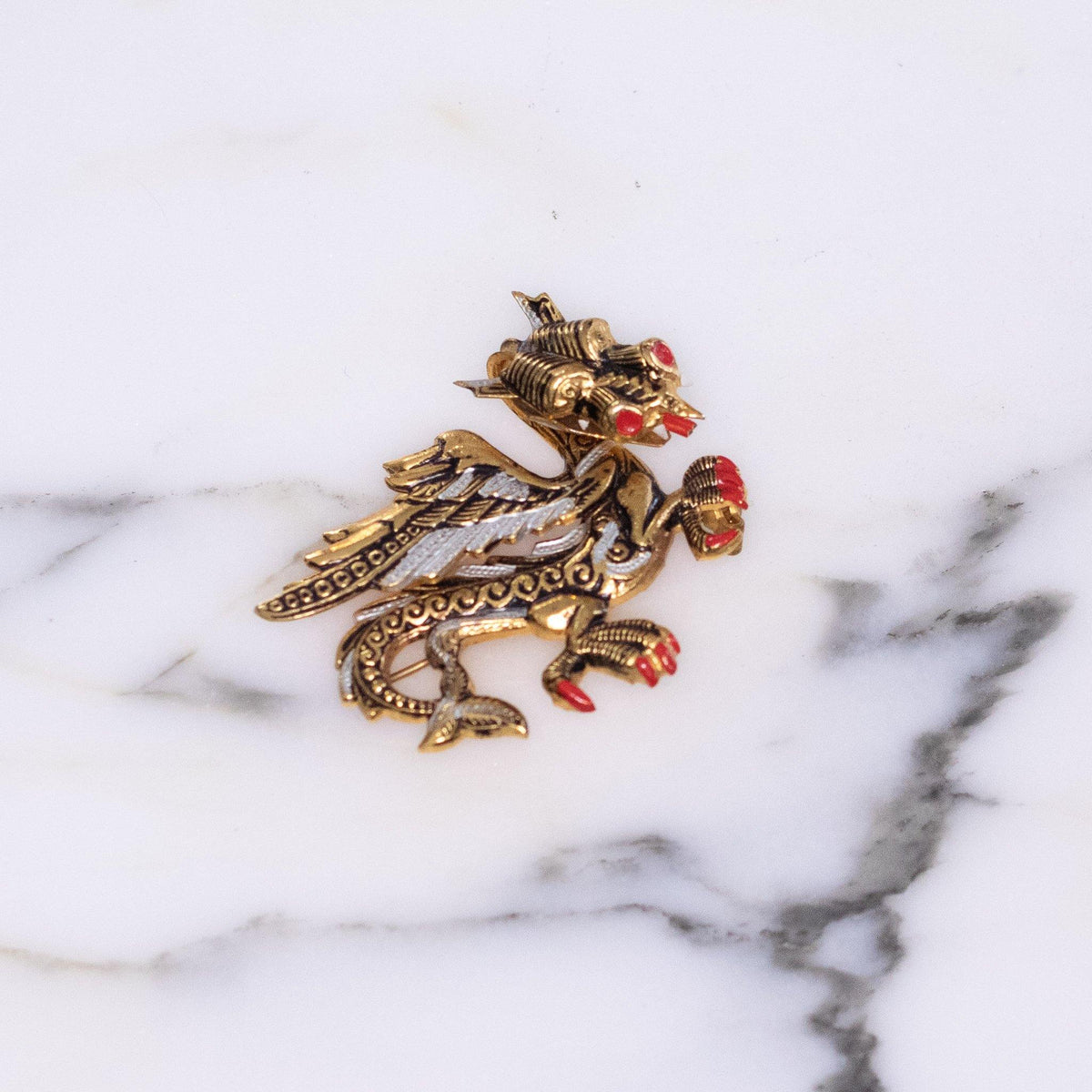 Vintage Damascene Gold, Black, Silver Dragon Brooch