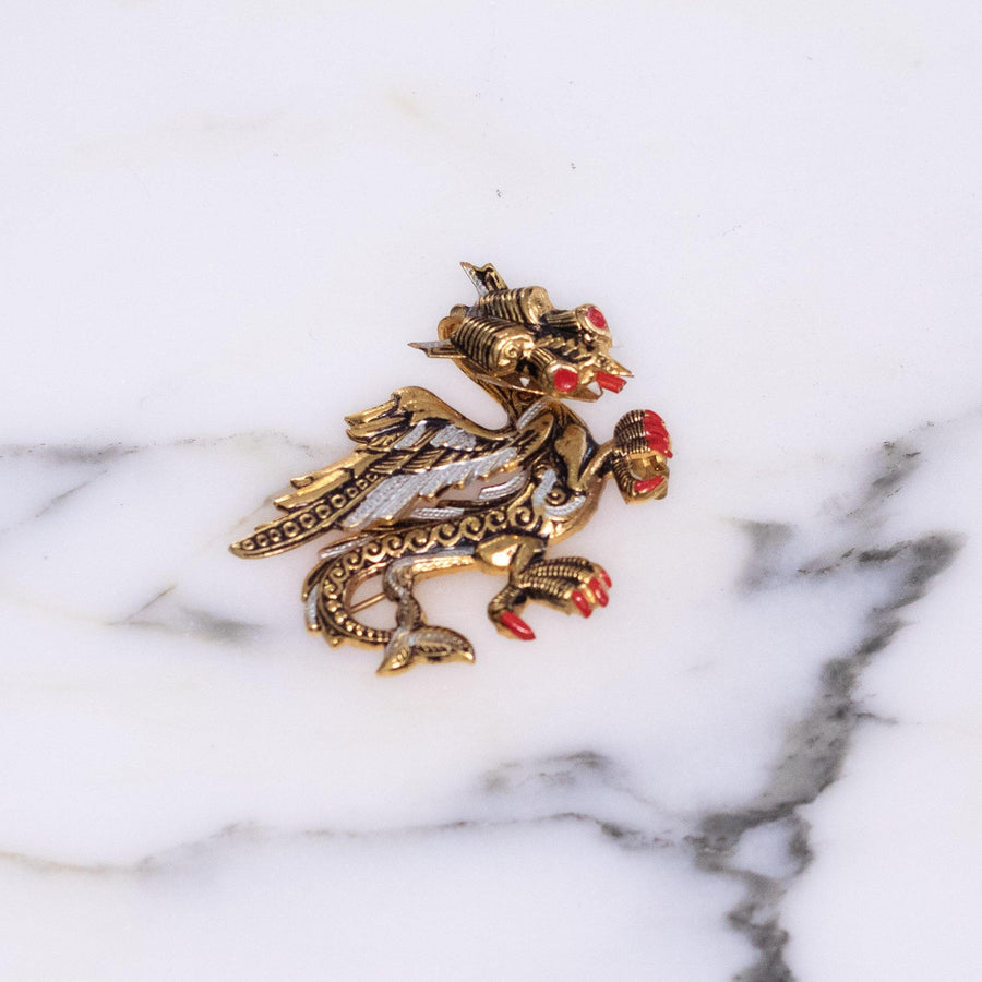 Vintage Damascene Gold, Black, Silver Dragon Brooch by Made in Spain - Vintage Meet Modern Vintage Jewelry - Chicago, Illinois - #oldhollywoodglamour #vintagemeetmodern #designervintage #jewelrybox #antiquejewelry #vintagejewelry