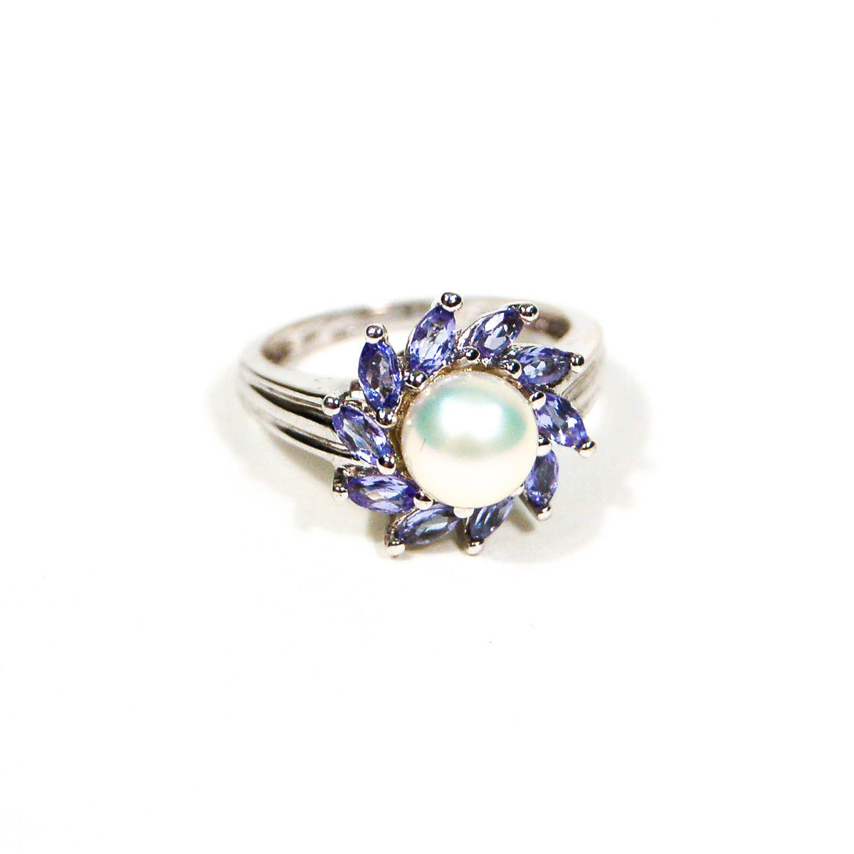 Pearl and Tanzanite Sunburst Ring set in Sterling Silver