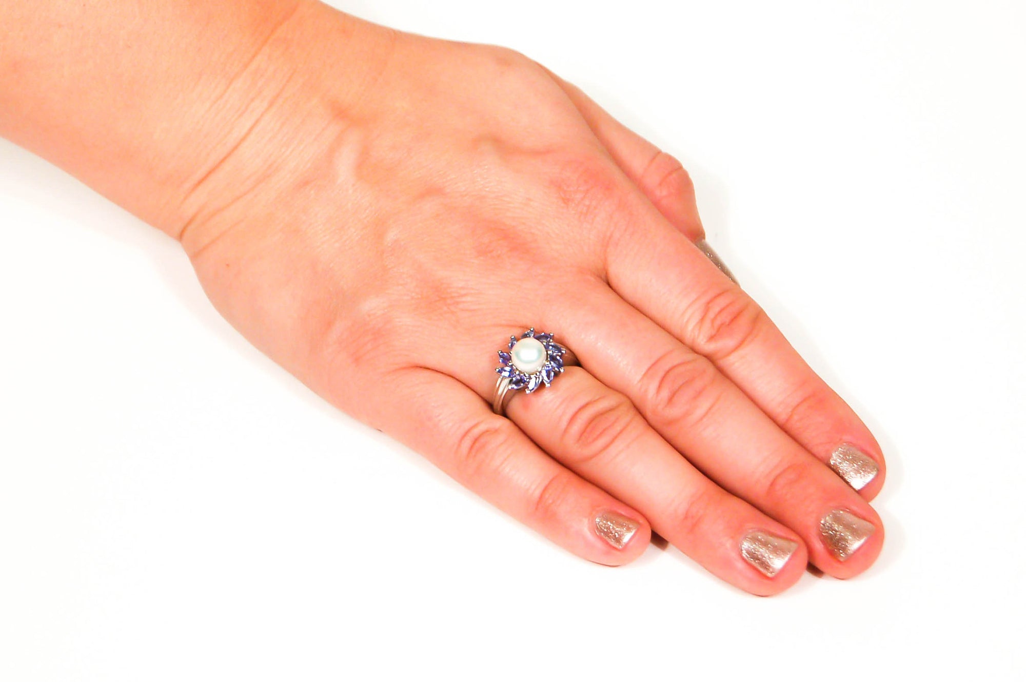 Pearl and Tanzanite Sunburst Ring set in Sterling Silver by Gemstone Ring - Vintage Meet Modern Vintage Jewelry - Chicago, Illinois - #oldhollywoodglamour #vintagemeetmodern #designervintage #jewelrybox #antiquejewelry #vintagejewelry