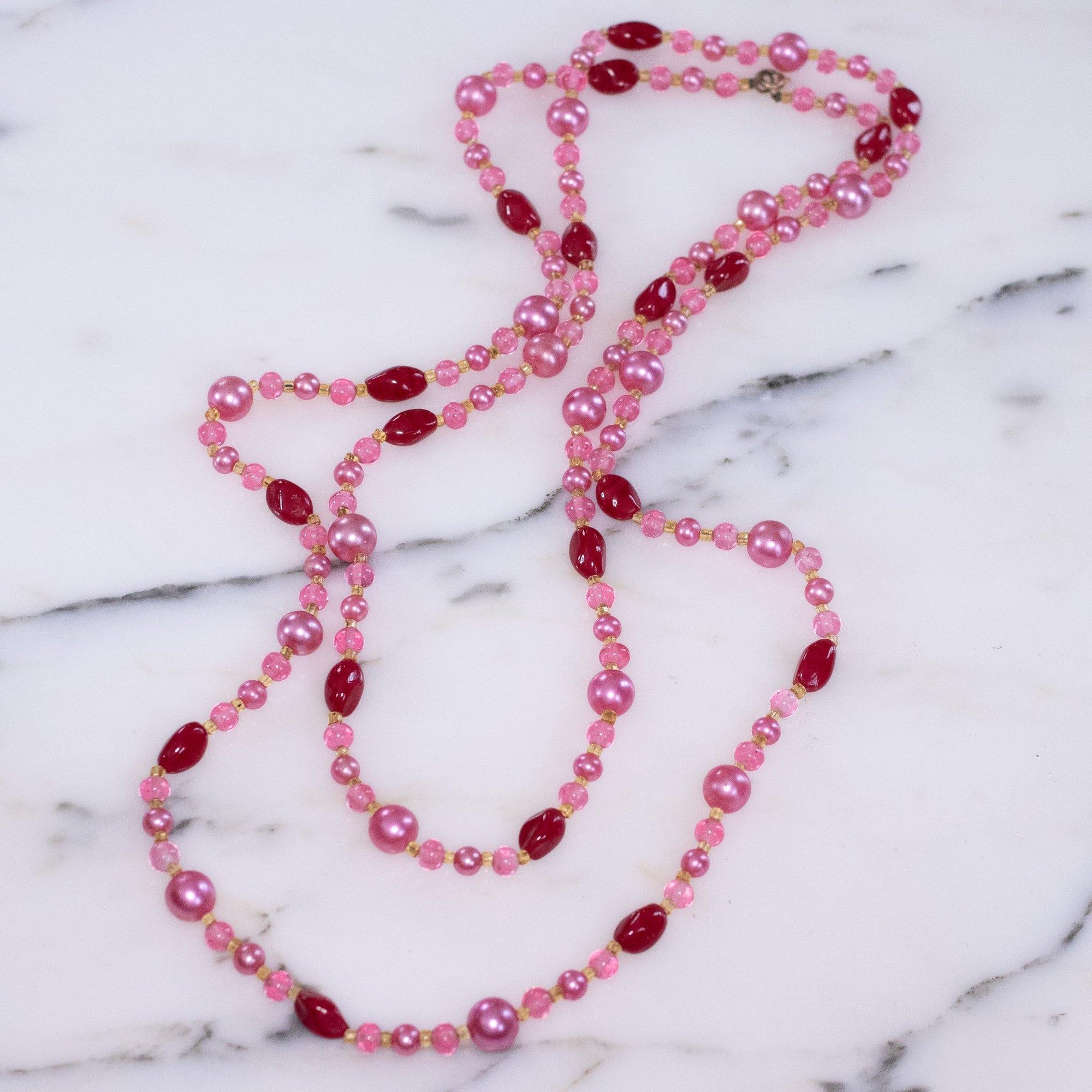 Vintage Art Deco Pink Pearl and Red Glass Bead Sautoir Necklace by Austria - Vintage Meet Modern Vintage Jewelry - Chicago, Illinois - #oldhollywoodglamour #vintagemeetmodern #designervintage #jewelrybox #antiquejewelry #vintagejewelry