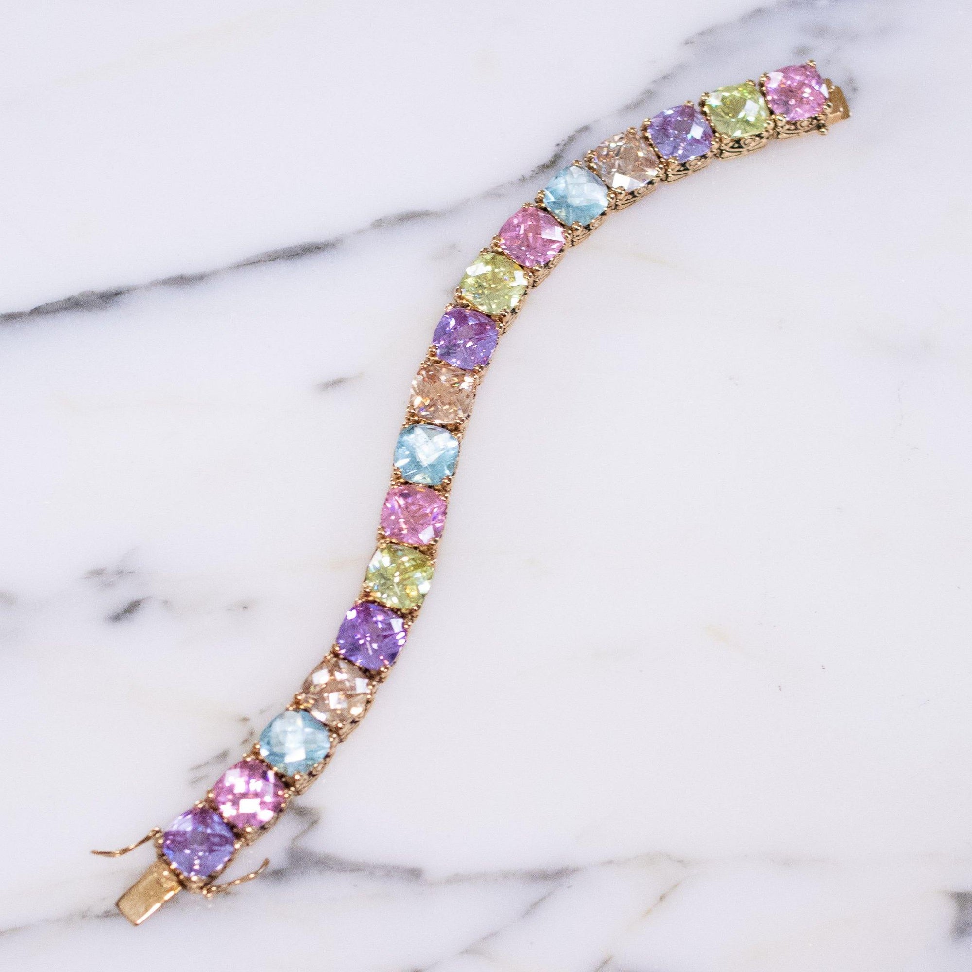 Vintage Seta Pastel Cushion Cut CZ Wide Tennis Style Line Bracelet in Purple, Pink, Light Blue and Lemon Citrine by SETA - Vintage Meet Modern Vintage Jewelry - Chicago, Illinois - #oldhollywoodglamour #vintagemeetmodern #designervintage #jewelrybox #antiquejewelry #vintagejewelry