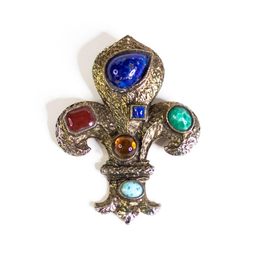 Vintage Fleur de Lis Brooch with Colorful Cabochons by Unsigned Beauty - Vintage Meet Modern Vintage Jewelry - Chicago, Illinois - #oldhollywoodglamour #vintagemeetmodern #designervintage #jewelrybox #antiquejewelry #vintagejewelry