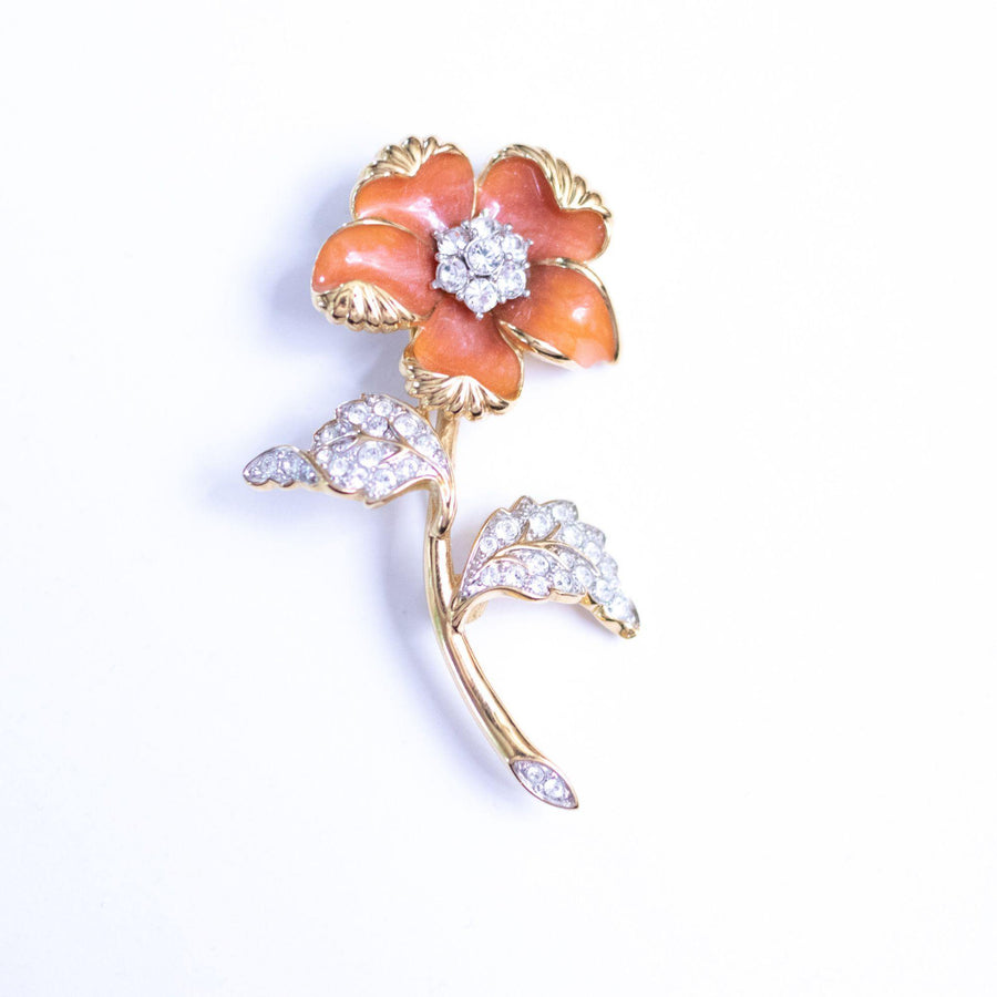 Vintage Coral Flower and Diamante Rhinestone Flower Brooch by Nolan Miller - Vintage Meet Modern Vintage Jewelry - Chicago, Illinois - #oldhollywoodglamour #vintagemeetmodern #designervintage #jewelrybox #antiquejewelry #vintagejewelry