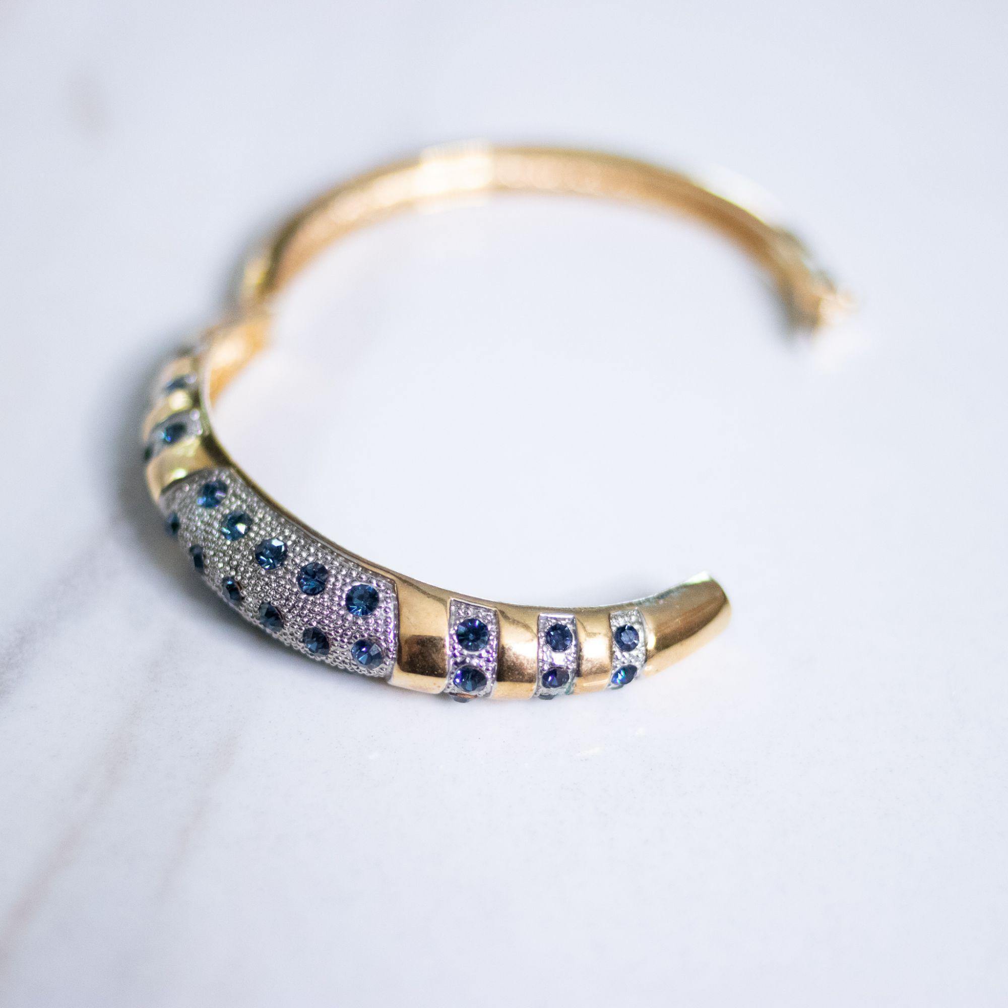 Vintage Sapphire and Diamante Bangle Bracelet by Unsigned Beauty - Vintage Meet Modern Vintage Jewelry - Chicago, Illinois - #oldhollywoodglamour #vintagemeetmodern #designervintage #jewelrybox #antiquejewelry #vintagejewelry