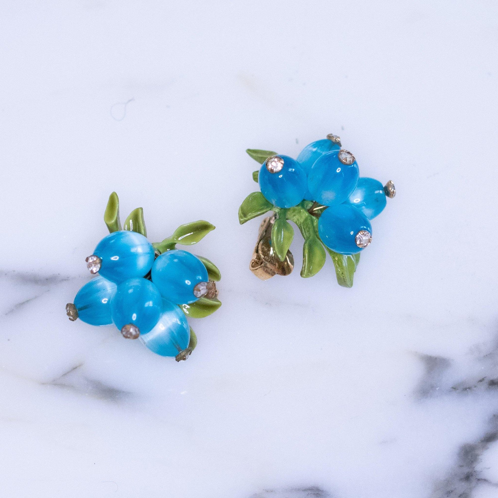 Vintage Blue Moonglow with Rhinestones and Green Leaves Cluster Bead Clip On Earrings by Unsigned - Vintage Meet Modern Vintage Jewelry - Chicago, Illinois - #oldhollywoodglamour #vintagemeetmodern #designervintage #jewelrybox #antiquejewelry #vintagejewelry