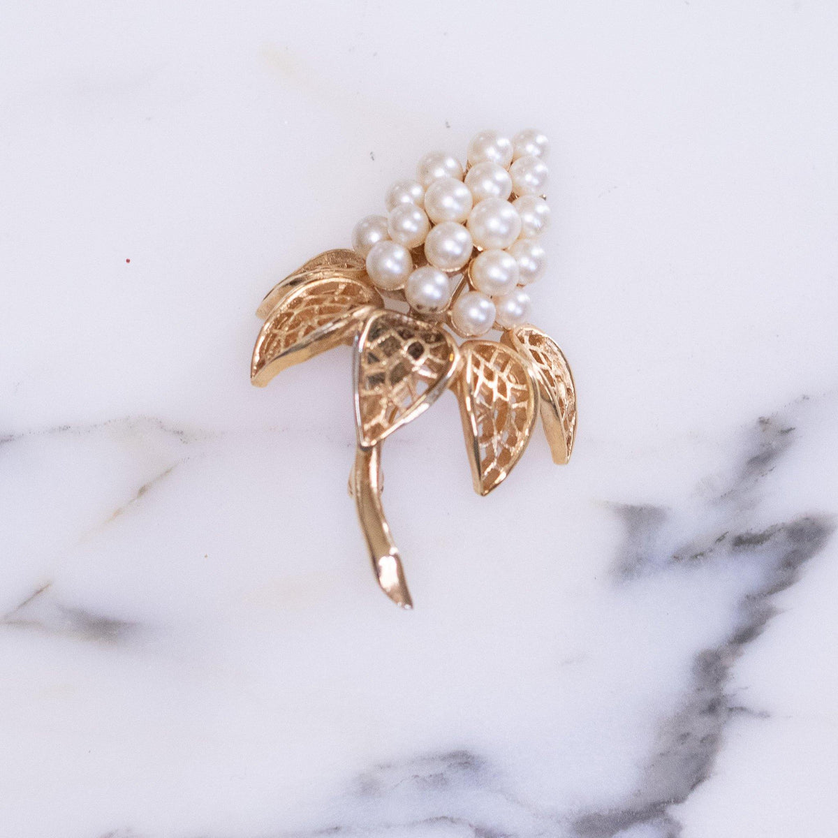 Vintage Crown Trifari Flower Brooch with Faux Pearls