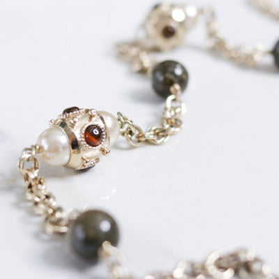 Vintage Gold Chain Necklace with Pearl Stations and Olive Lucite Beads by Vintage Meet Modern - Vintage Meet Modern Vintage Jewelry - Chicago, Illinois - #oldhollywoodglamour #vintagemeetmodern #designervintage #jewelrybox #antiquejewelry #vintagejewelry