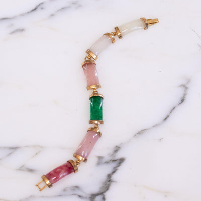 Vintage Pink and Green Jade Bracelet with Gold Tone Accents by Unsigned - Vintage Meet Modern Vintage Jewelry - Chicago, Illinois - #oldhollywoodglamour #vintagemeetmodern #designervintage #jewelrybox #antiquejewelry #vintagejewelry