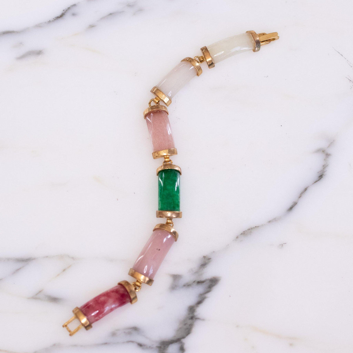 Vintage Pink and Green Jade Bracelet with Gold Tone Accents