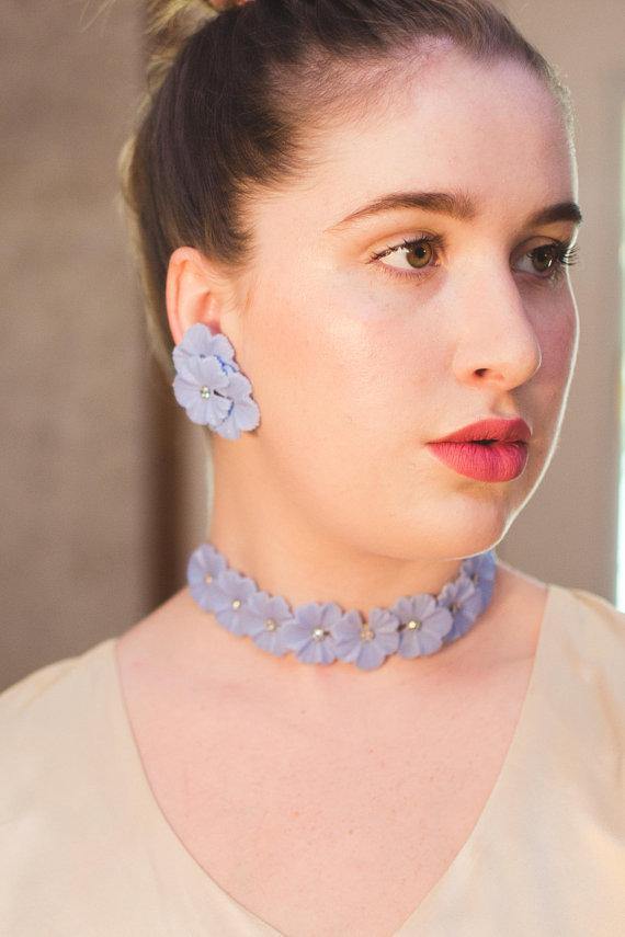 Blue Lucite Necklace with Pale Blue Rhinestones, Gold Tone, J Hook Clasp by 1950s - Vintage Meet Modern Vintage Jewelry - Chicago, Illinois - #oldhollywoodglamour #vintagemeetmodern #designervintage #jewelrybox #antiquejewelry #vintagejewelry