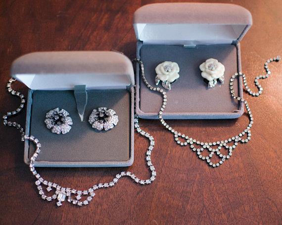 Vintage Nolan Miller Camelia Earrings With Diamante Crystals, Clip On by Nolan Miller - Vintage Meet Modern Vintage Jewelry - Chicago, Illinois - #oldhollywoodglamour #vintagemeetmodern #designervintage #jewelrybox #antiquejewelry #vintagejewelry