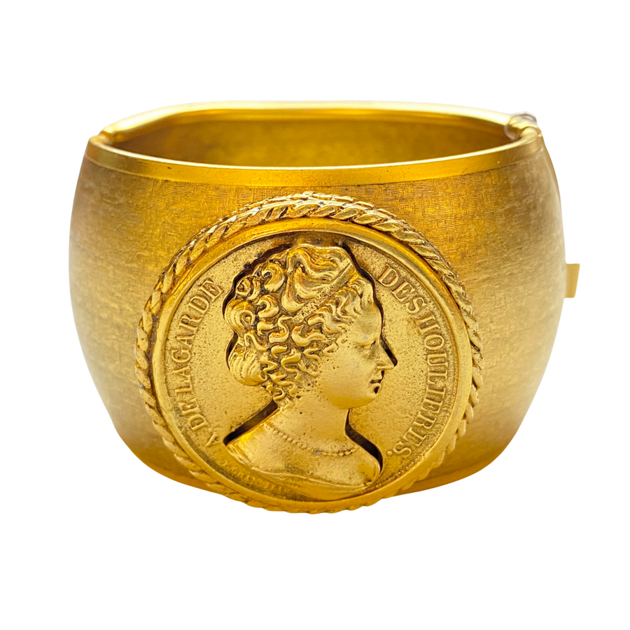 Couture Style French Coin Cuff Bracelet by Vintage Meet Modern - Vintage Meet Modern Vintage Jewelry - Chicago, Illinois - #oldhollywoodglamour #vintagemeetmodern #designervintage #jewelrybox #antiquejewelry #vintagejewelry
