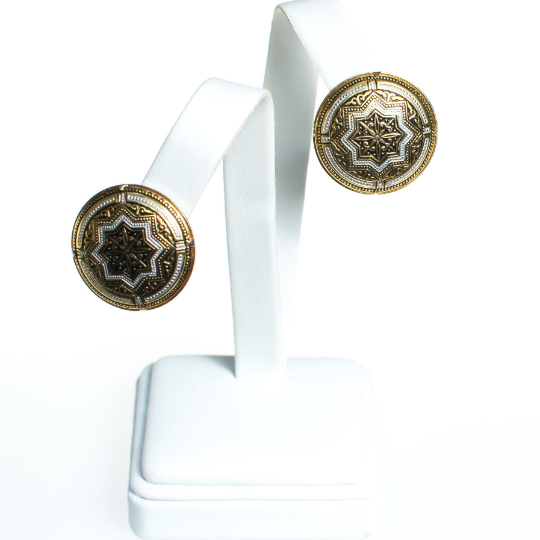 Vintage Silver and Gold Damascene Round Disc Earrings by Vintage Meet Modern - Vintage Meet Modern Vintage Jewelry - Chicago, Illinois - #oldhollywoodglamour #vintagemeetmodern #designervintage #jewelrybox #antiquejewelry #vintagejewelry