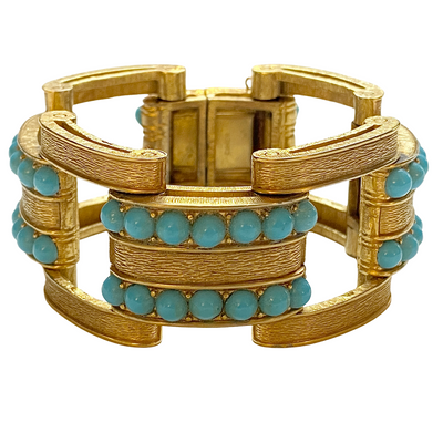 Ciner Turquoise Cabochon Gold Link Bracelet by Ciner - Vintage Meet Modern Vintage Jewelry - Chicago, Illinois - #oldhollywoodglamour #vintagemeetmodern #designervintage #jewelrybox #antiquejewelry #vintagejewelry