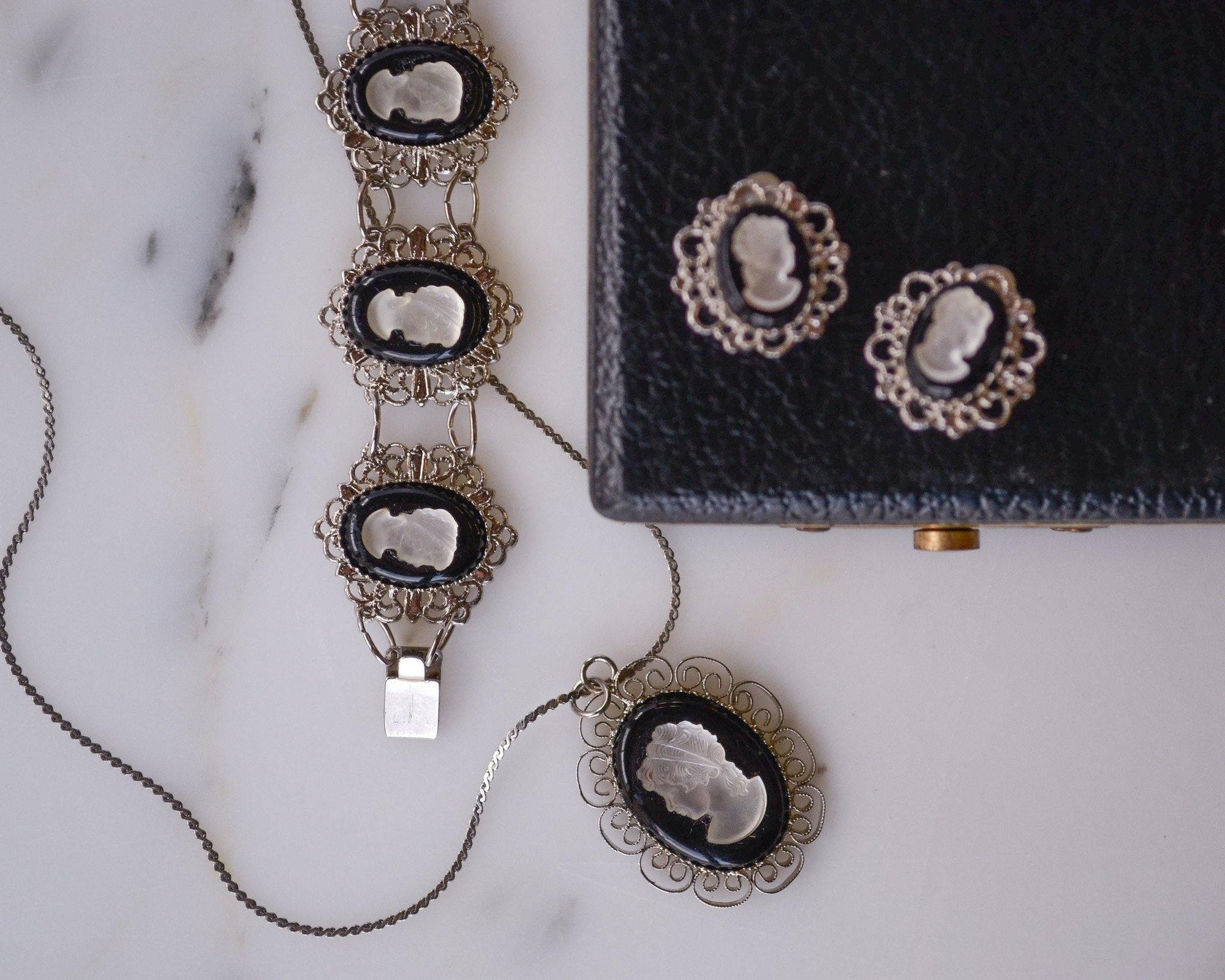 1950's Silver Tone Cameo Necklace,Bracelet, and Earrings Set by 1950's - Vintage Meet Modern Vintage Jewelry - Chicago, Illinois - #oldhollywoodglamour #vintagemeetmodern #designervintage #jewelrybox #antiquejewelry #vintagejewelry