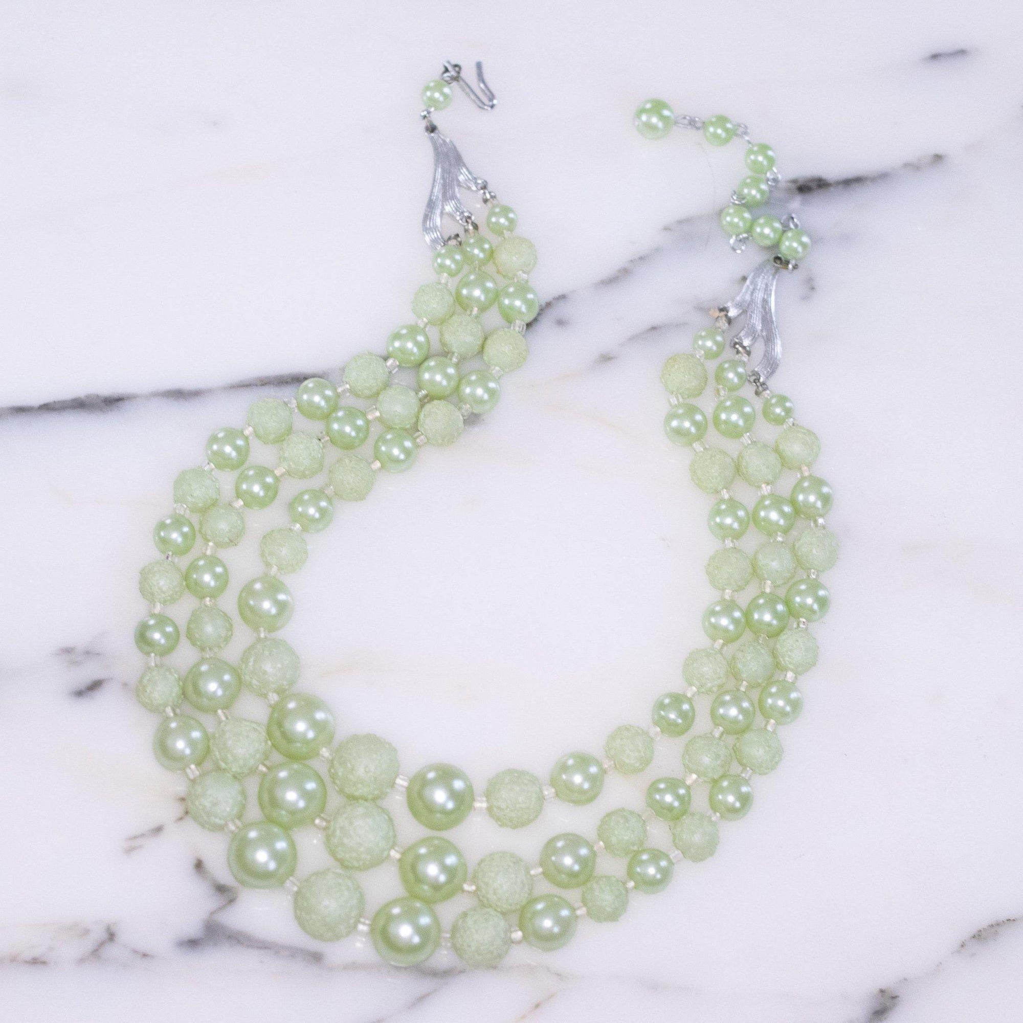 Vintage Mint Green Bead and Faux Pearl Triple Strand Necklace by Japan - Vintage Meet Modern Vintage Jewelry - Chicago, Illinois - #oldhollywoodglamour #vintagemeetmodern #designervintage #jewelrybox #antiquejewelry #vintagejewelry