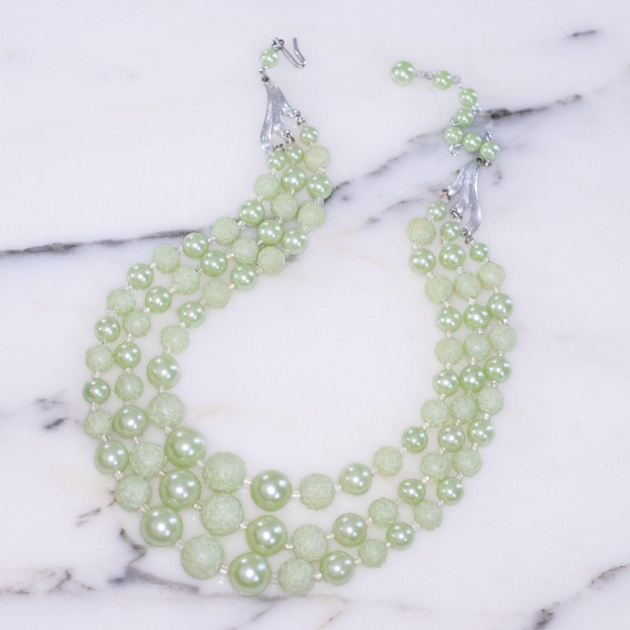 Vintage Mint Green Bead and Faux Pearl Triple Strand Necklace by Japan - Vintage Meet Modern Vintage Jewelry - Chicago, Illinois - #oldhollywoodglamour #vintagemeetmodern #designervintage #jewelrybox #antiquejewelry #vintagejewelry