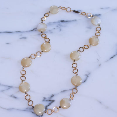 Vintage Gold Chain Link and Mother of Pearl Disc Beaded Necklace by Unsigned Beauty - Vintage Meet Modern Vintage Jewelry - Chicago, Illinois - #oldhollywoodglamour #vintagemeetmodern #designervintage #jewelrybox #antiquejewelry #vintagejewelry