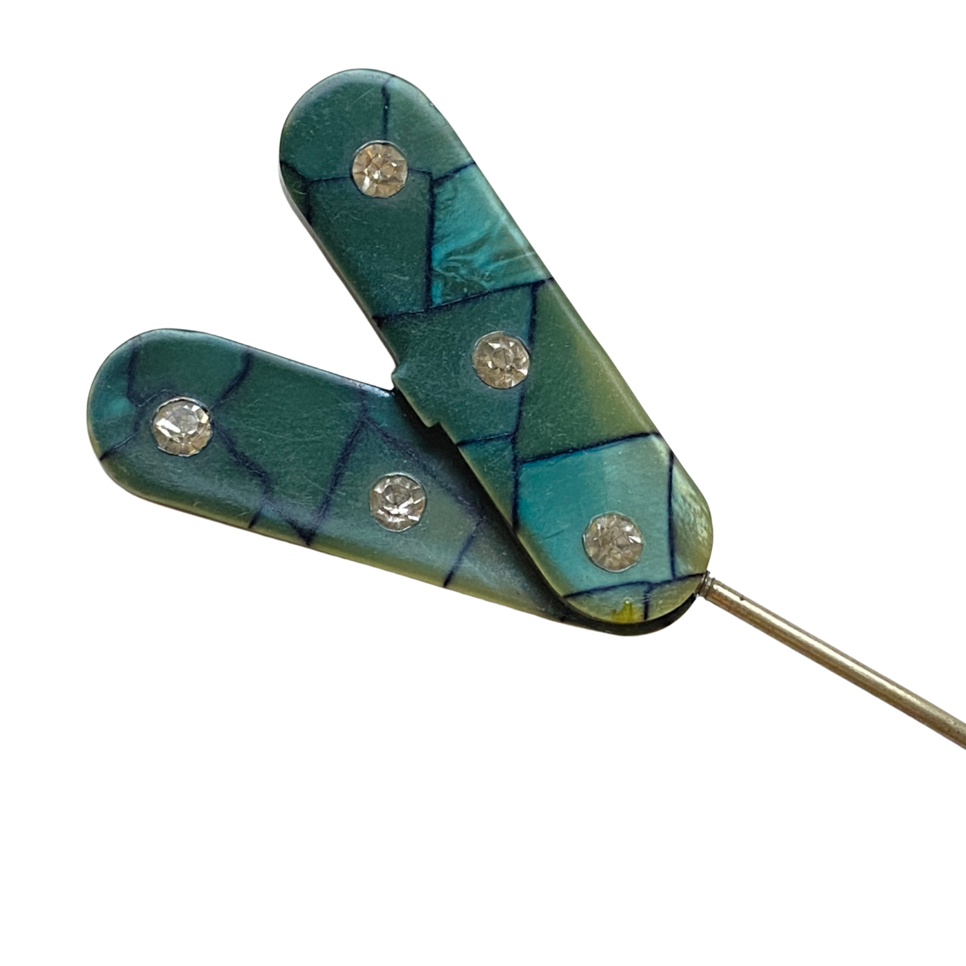 1930s Green and Black "X" Jabot Brooch by Vintage Meet Modern - Vintage Meet Modern Vintage Jewelry - Chicago, Illinois - #oldhollywoodglamour #vintagemeetmodern #designervintage #jewelrybox #antiquejewelry #vintagejewelry