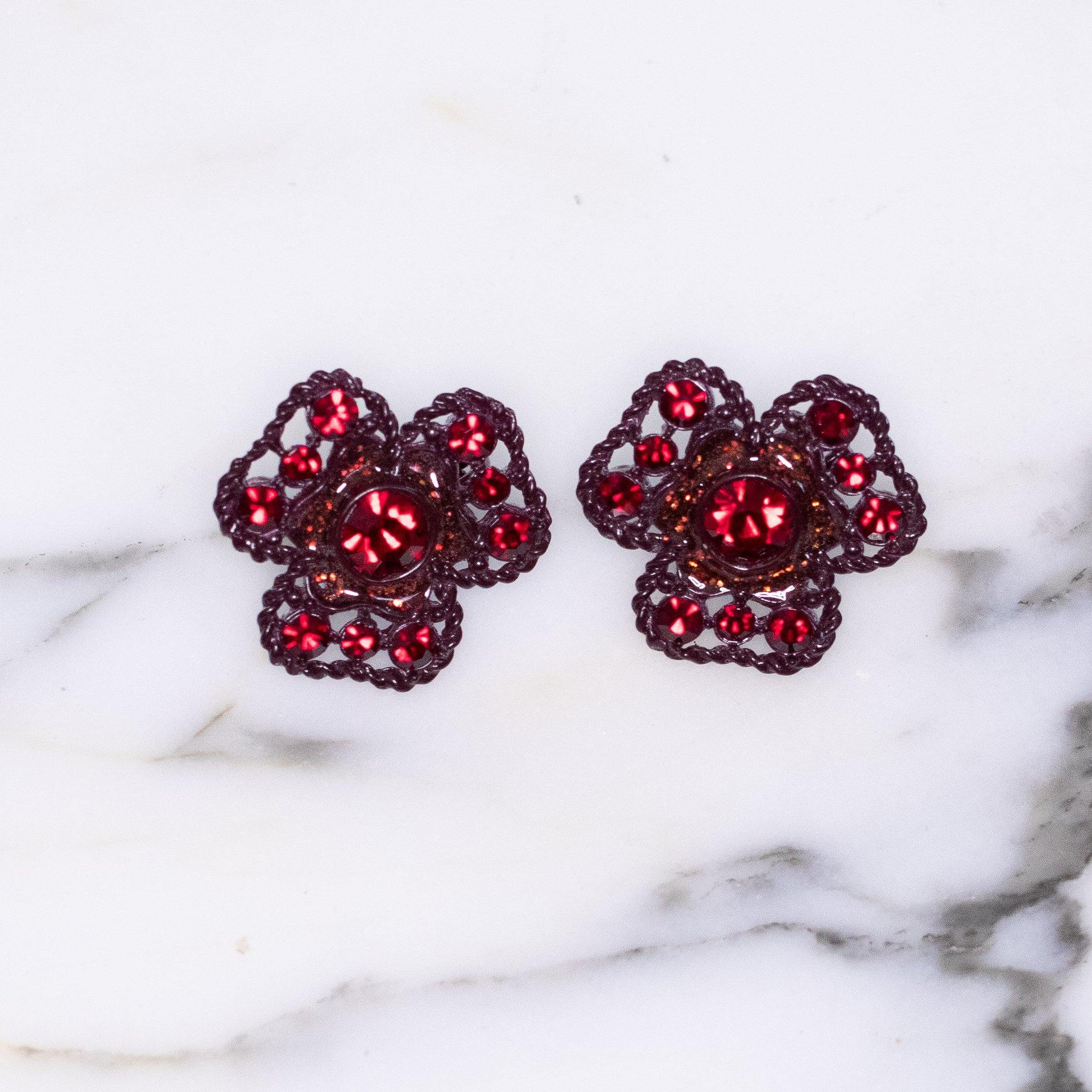 Vintage Red Rhinestone Flower Earrings in Red Painted Enamel Finish by Weiss or Lisner - Vintage Meet Modern Vintage Jewelry - Chicago, Illinois - #oldhollywoodglamour #vintagemeetmodern #designervintage #jewelrybox #antiquejewelry #vintagejewelry